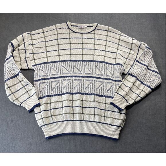 Bugatchi Geometric Knit Sweater Mens L Beige Grandpacore Retro 90s Coogi Style - Picture 1 of 7